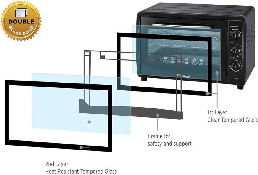 Black and Decker oven 1800 watts, 45 liters, with grill, 3 switches, double glass, black color TRO45RDG-B5