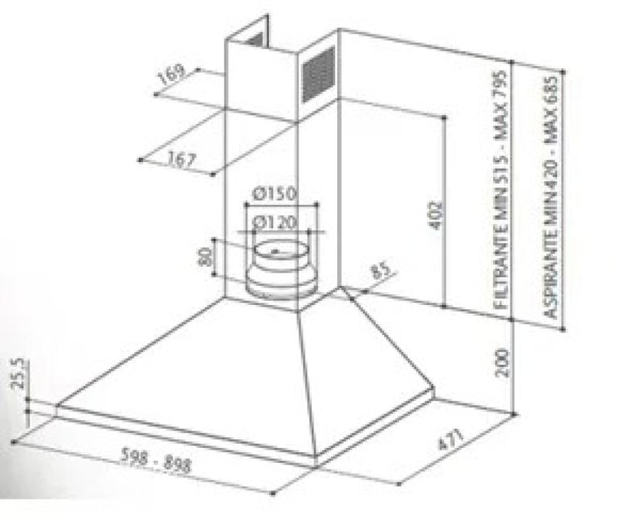 Term pyramid extractor hood 89.8 cm 3 speeds - 2 aluminum filters - Italian - stainless steel model TRHOMP900PYS