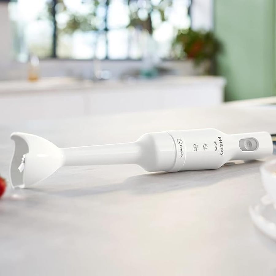 Philips Brumix 3000 Series hand blender with 400-watt motor and included plastic cup, white, model HR2520/01