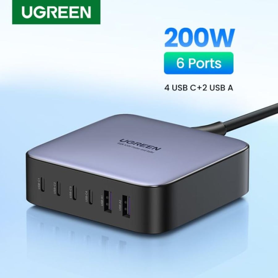 يوجرين شاحن مكتبي أربع منافذ PD وبمنفذين USB بتقنية GaN وبقوة 200 واط