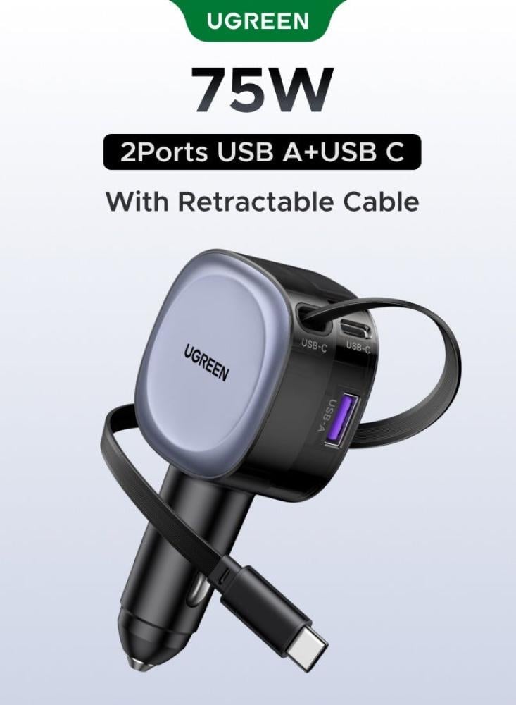 شاحن سيارة يو جرين UGREENبقوة 75 واط مع كابل USB-C مدمج وقابل للسحب