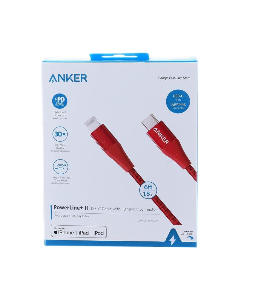كابل Anker Powerlin  USB,C مع Lightning بطول 182,8 سم باللون الأحمر