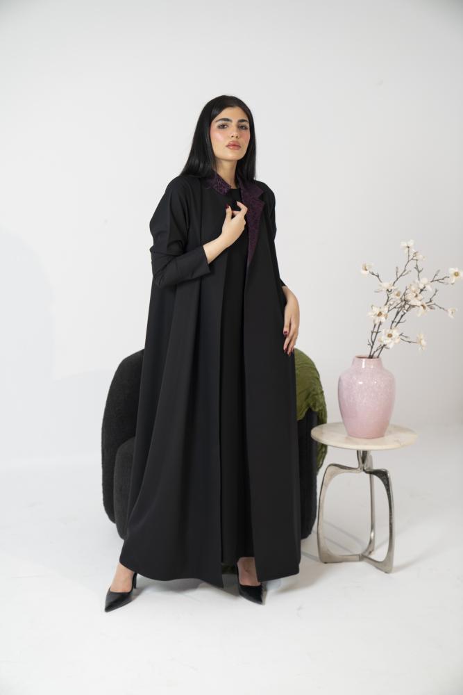 عباية كتان اسود ياقة بالطو تفته موف