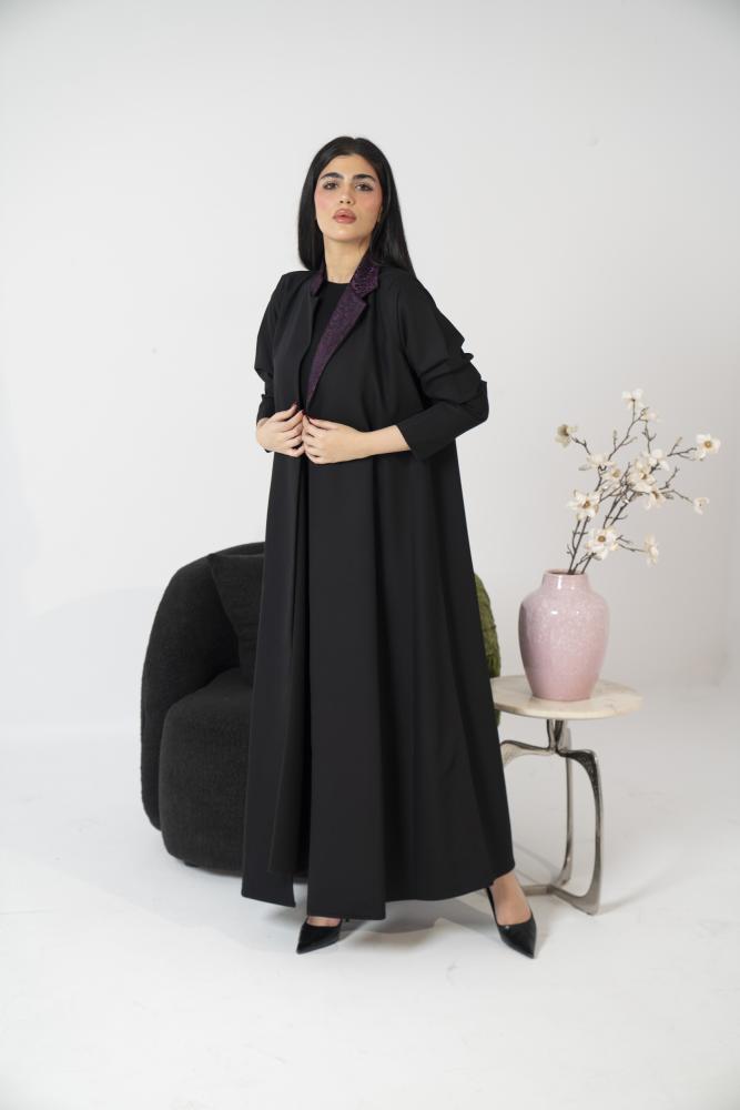 عباية كتان اسود ياقة بالطو تفته موف