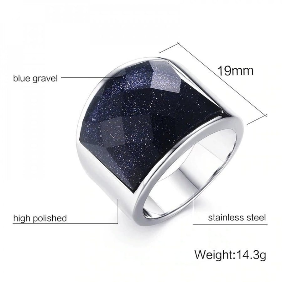 Men's stainless steel ring with zircon stone, navy blue color, sky and stars view