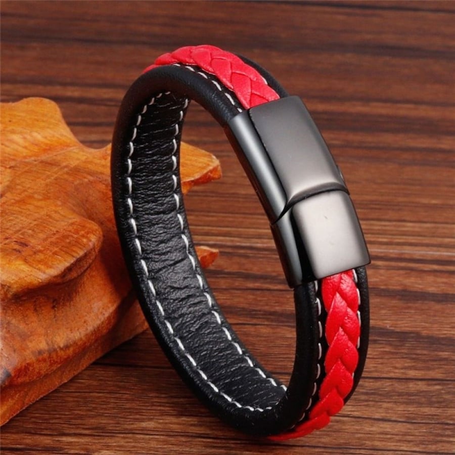 Titanium leather bracelet for men and women, black and red color, black clasp, white thread