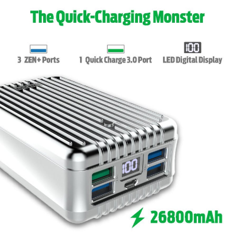 شاحن متنقل زندور بسعة 26800 تقنية QC3.0 أربع مخارج أسود A8
