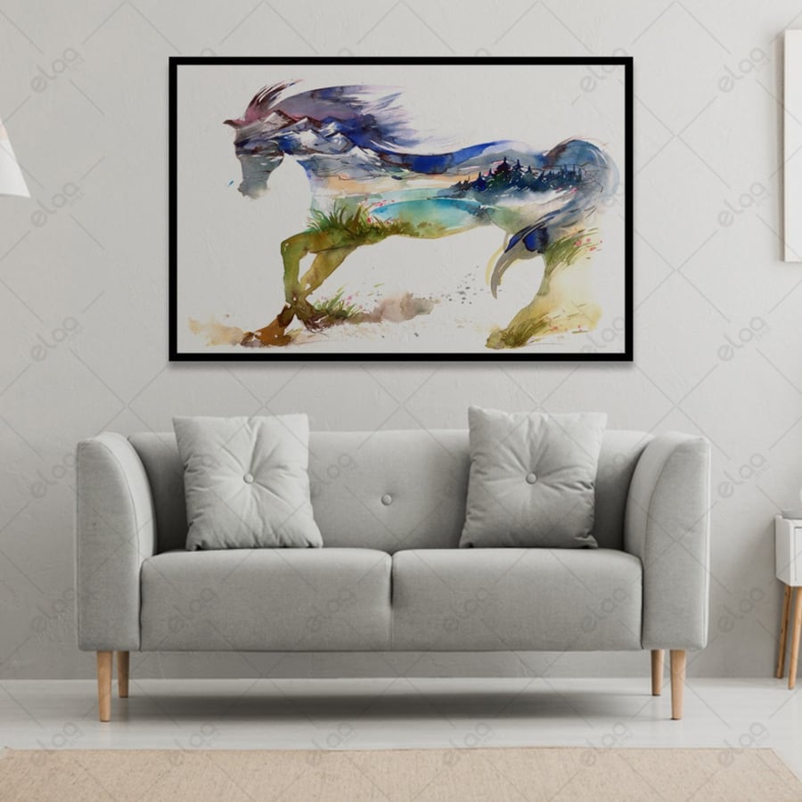 Abstract art wall panel of horses combined with city images
