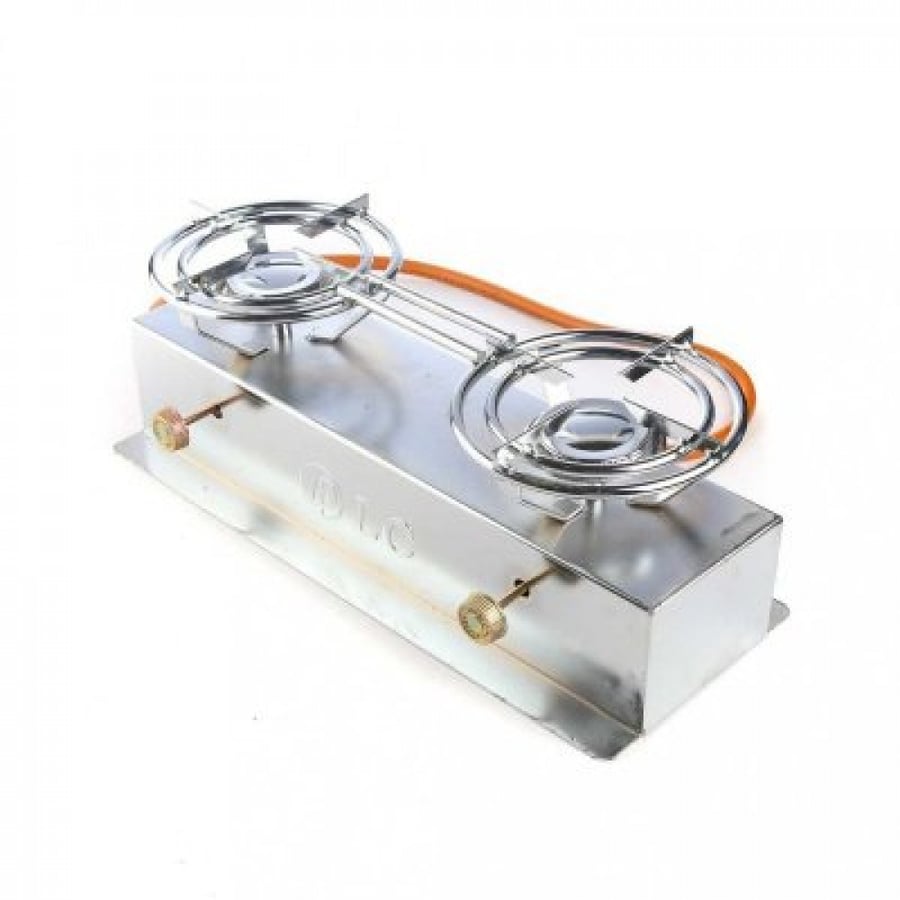 Two-burner stove with high flame from strong DLC, practical and easy to use, easy to carry, install, and fix, made of stainless steel, connected directly to gas.