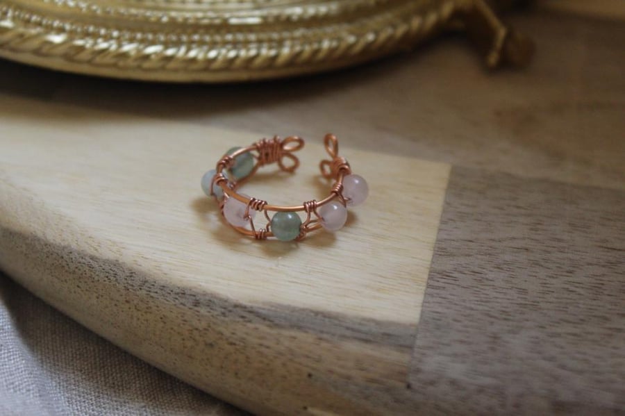 Aventurinex Rose Quartz x Blue Moonstone !Raw Copper Adjustable Ring