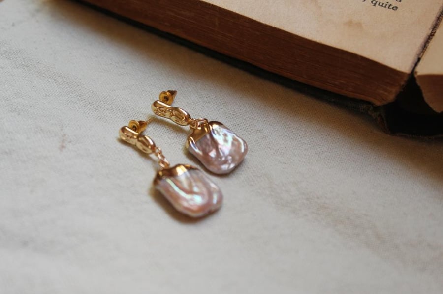 Flat Violet Freshwater Pearls 18K Handmade Gold Plated Earrings