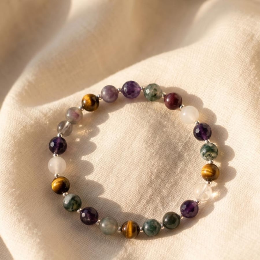 Amythest x Tiger Eye x Moss Agate Silver Bracelet