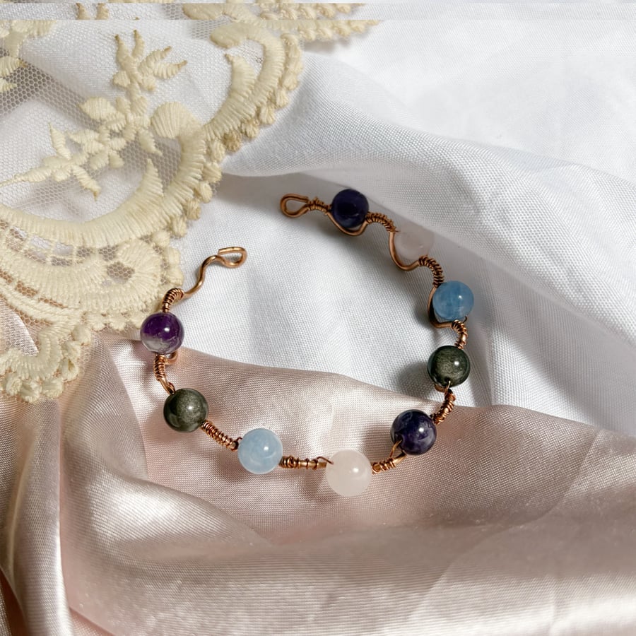 Bracelet Amythest Chevron x Rose Quartz x Cat Eye x Aquamarine x Hanmade Copper