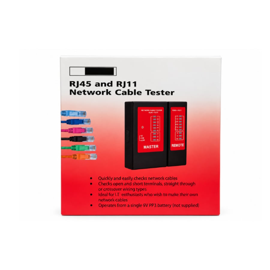جهاز اختبار كابلات الشبكة RJ45 وRJ11 أسود وأحمر بوحدتي MASTER وREMOTE