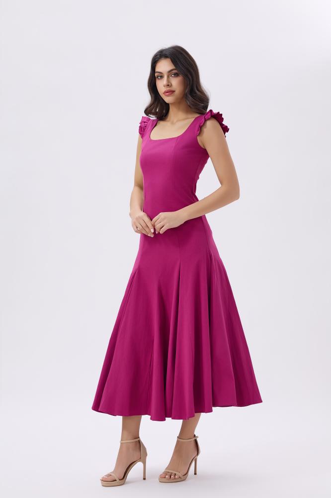 Midi pink dress with feminine cut and shoulder ruffles | Elegant look – Prando
