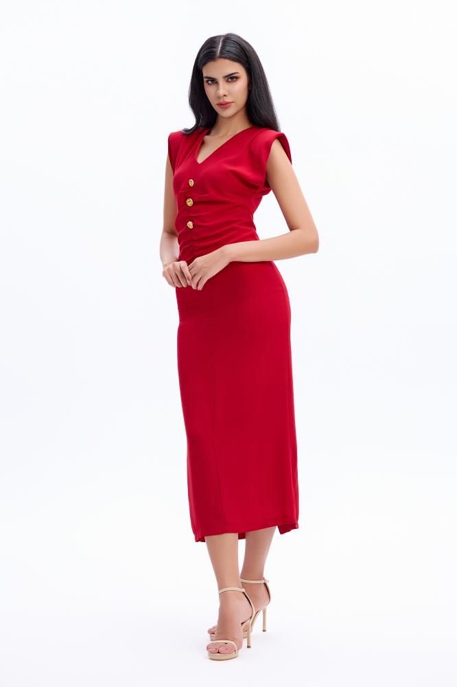 Red midi dress with gold buttons
