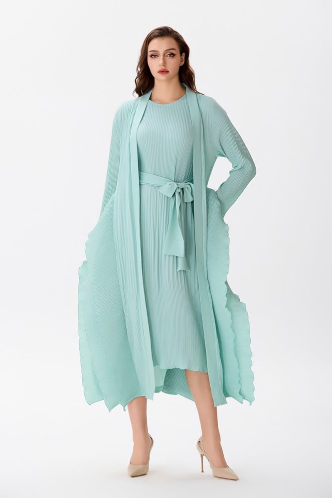 A two-piece dress with a pleated skirt