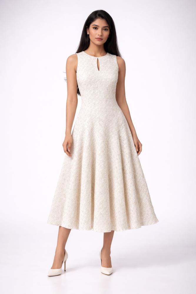 Elegant midi dress in off-white color