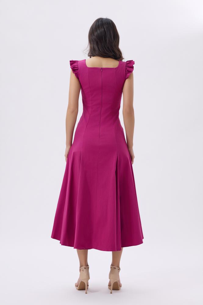 Midi pink dress with feminine cut and shoulder ruffles | Elegant look – Prando