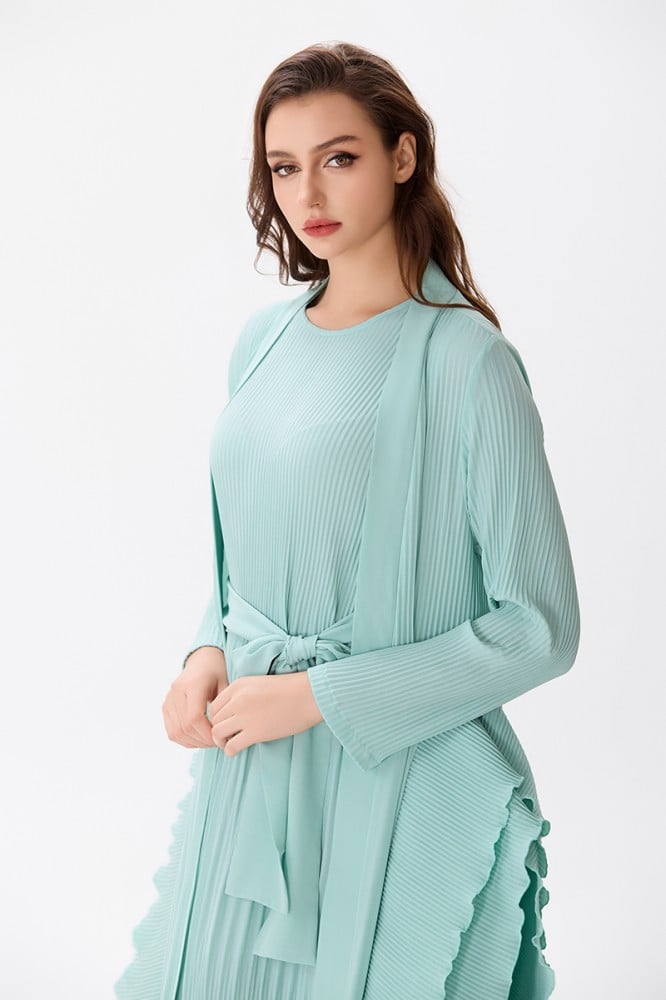 A two-piece dress with a pleated skirt