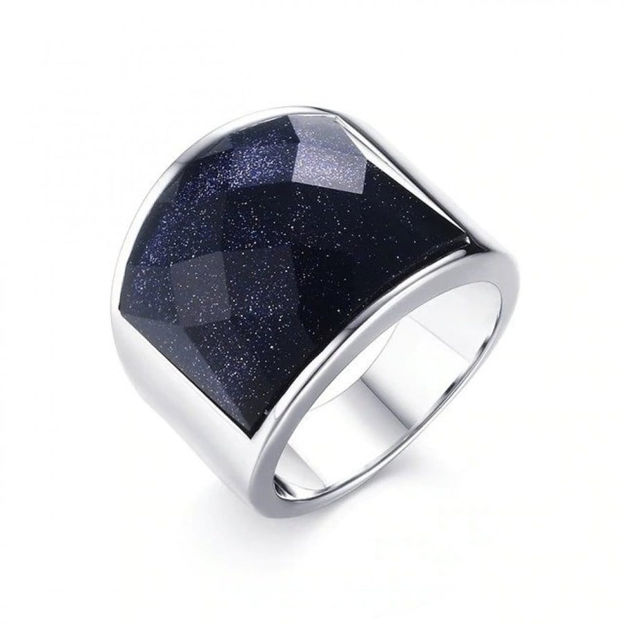 Men's stainless steel ring with zircon stone, navy blue color, sky and stars view