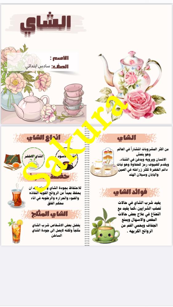 مطوية اسريه (الشاي ) صف سادس ابتدائي الترم الثاني 1446
