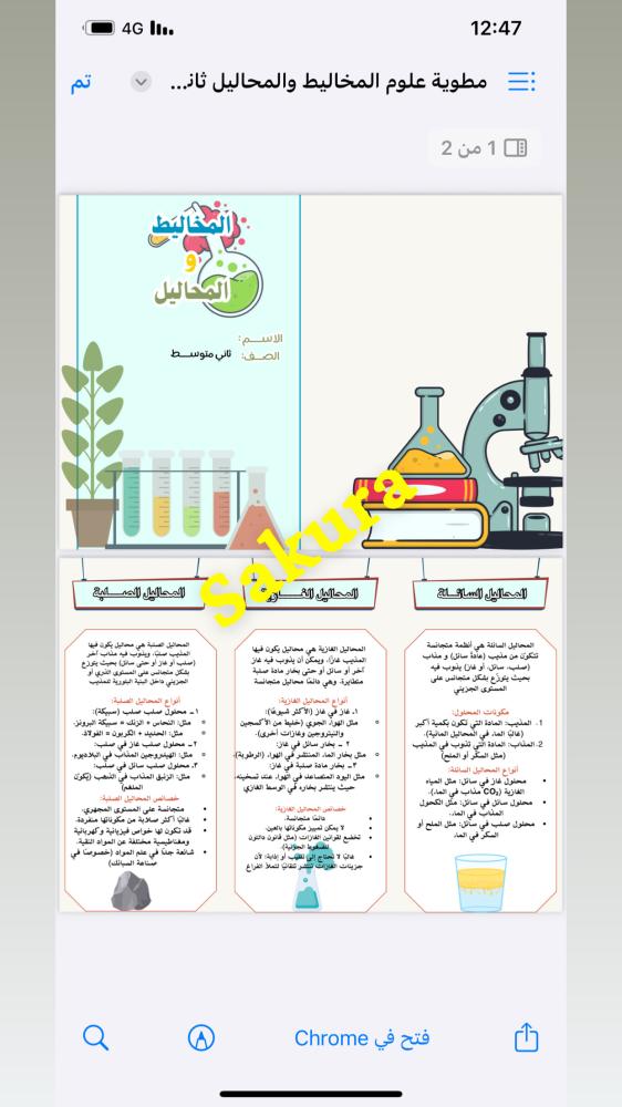مطويه العلوم ( المخاليط والمحاليل ) صف ثاني متوسط الترم الاول