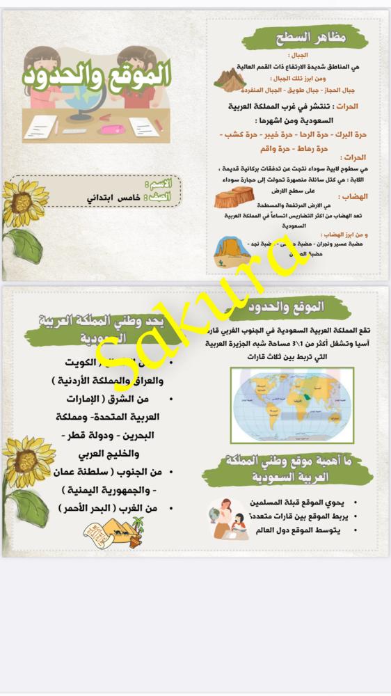 مطويه اجتماعيات (الموقع والحدود)صف خامس ابتدائي الترم الثاني 1446