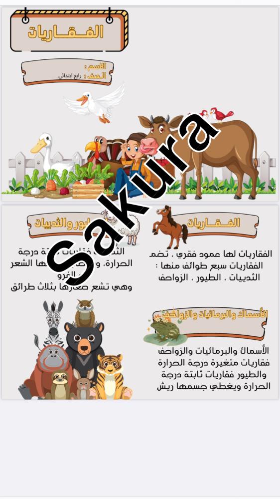 مطويه علوم ( الفقاريات ) صف رابع الترم الاول