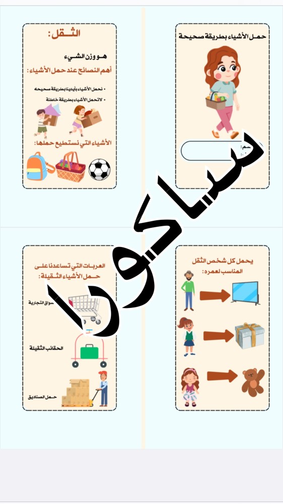 مطويه اسريه صف ثالث ابتدائي (حمل الاشياء الثقيله بطريقه صحيحه) (اسريه)