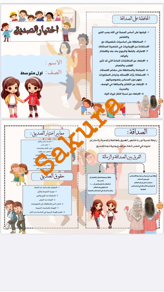 مطوية اسريه(اختيار الصديق )صف اول متوسط الترم الاول