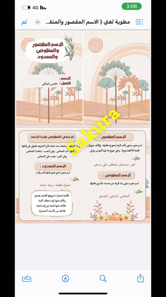مطويه لغتي ( الاسم المقصور والمنقوص والممدود ) صف خامس ابتدائي الترم الثالث