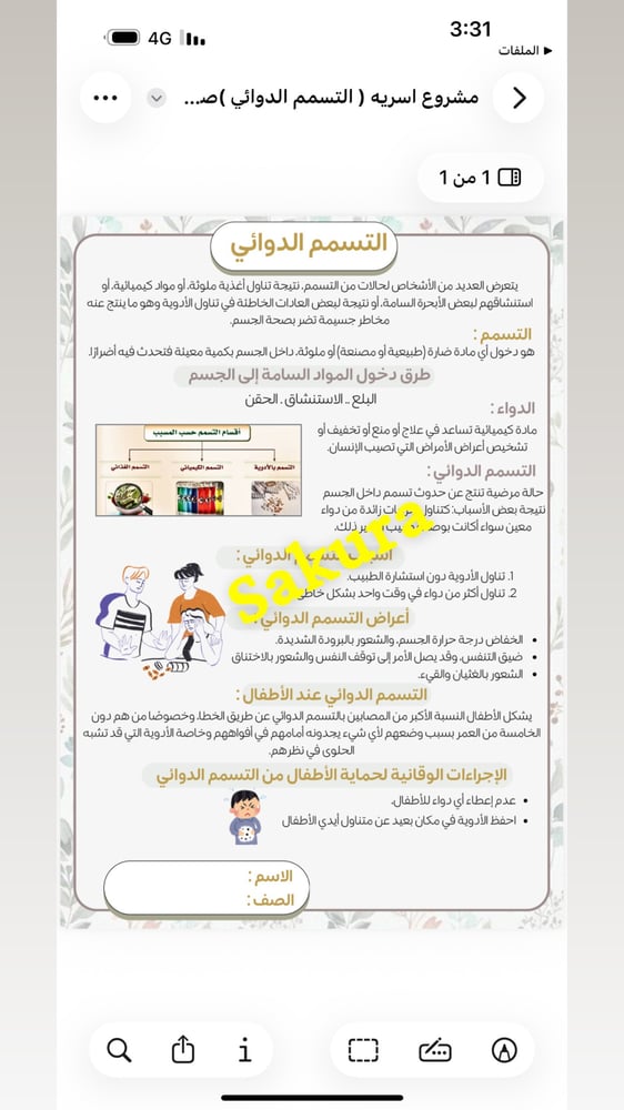 مشروع اسريه ( التسمم الدوائي ) صف ثالث متوسط الترم الثاني