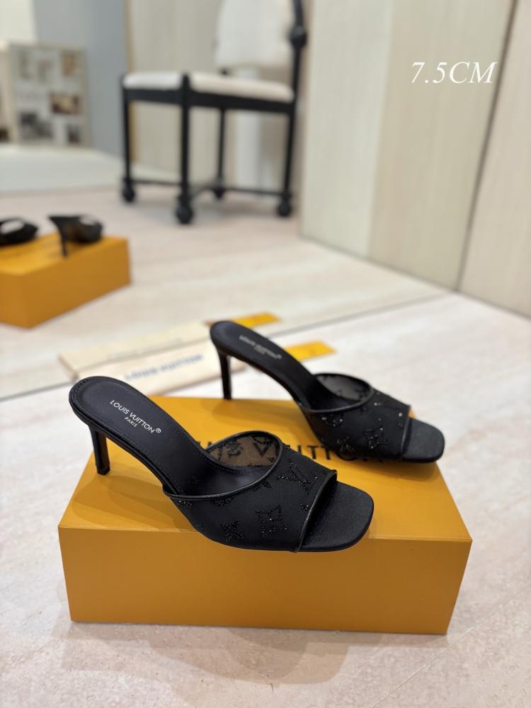 حذاء بكعب عالي Lv heels أسود بكعب رفيع ارتفاع 7 5 سم