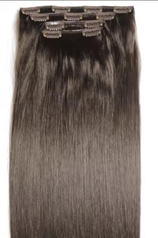 Length 18, weight 250, 4 pieces, dark beige clips, velvety