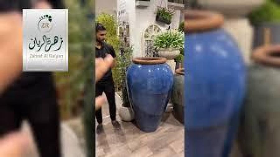 حوض فخار دائري مضلع اخضر فاتح بحزام علوي رمادي