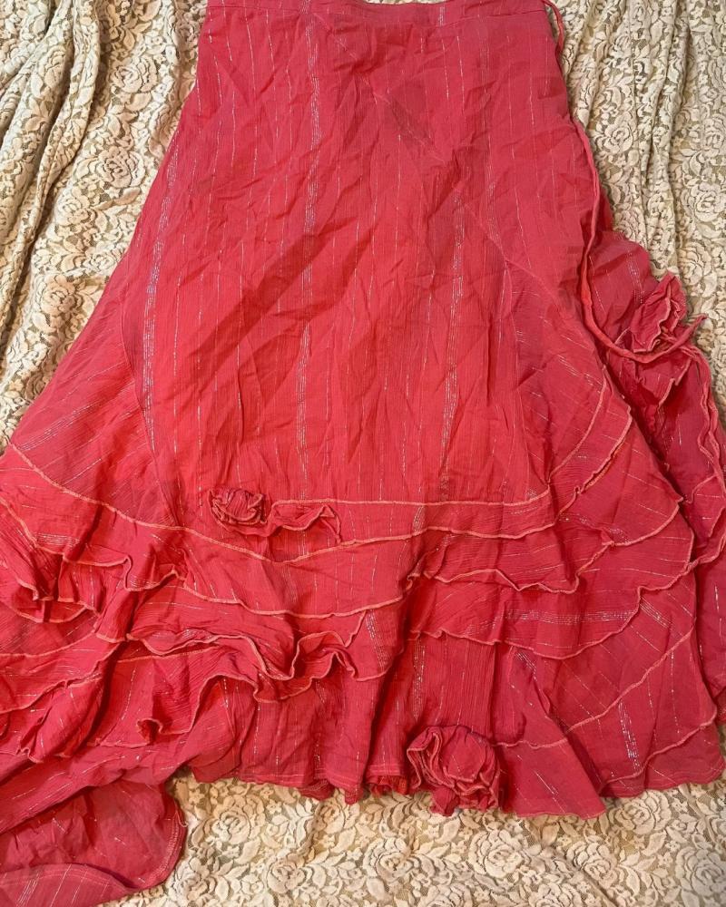 Jomana Coral Tiered Ruffle Wrap Skirt with Metallic Stripes - Size 32
