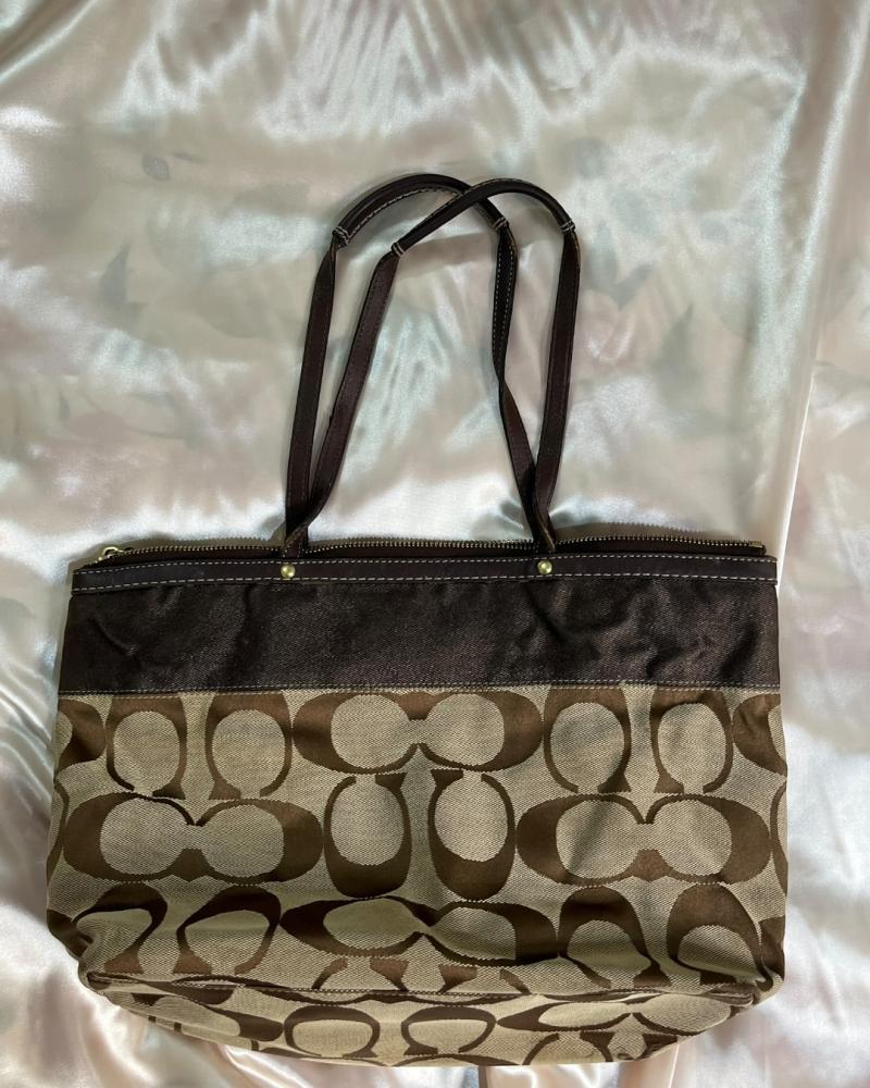 Coach Brown Signature Canvas & Satin Trim Tote Bag