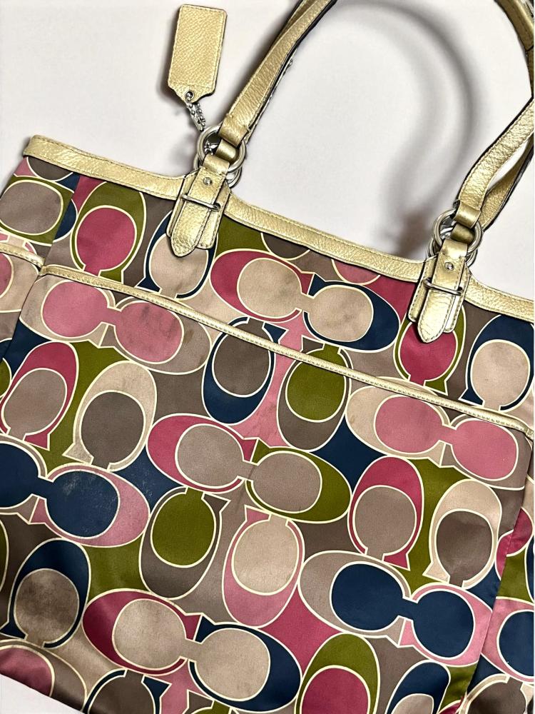Coach Multicolor Op Art Satin and Leather Side Pocket Tote