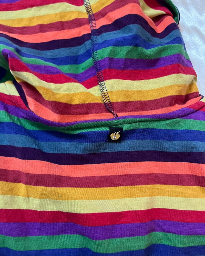 Apple Bottoms Rainbow Striped Short Sleeve Cowl Neck Top with Gold Graphic Print - Size L