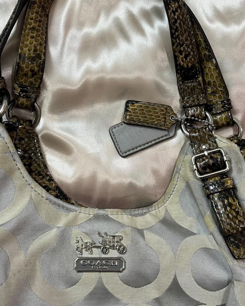 Coach Silver Signature Canvas Shoulder Bag with Snakeskin Print Trim