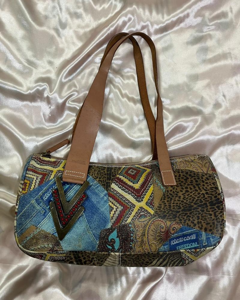 Roberto Cavalli Patchwork Print Shoulder Bag with Hardware Accent —
