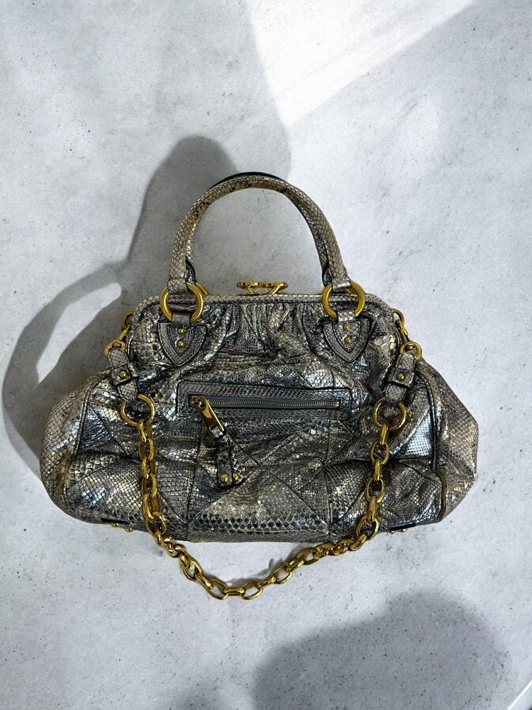 Marc Jacobs Metallic Grey Quilted Leather Stam Satchel