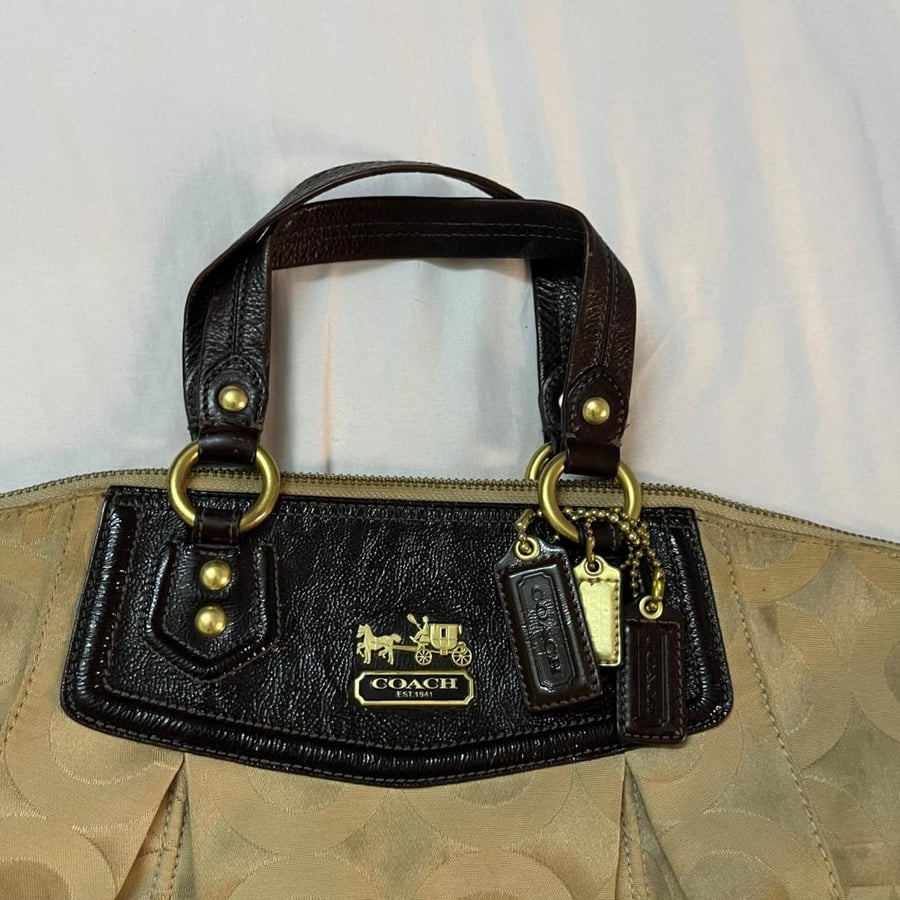Coach Beige Monogram Pleated Tote Bag