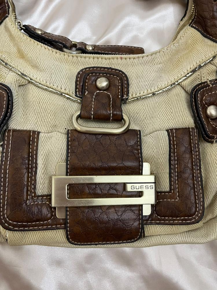 Guess Beige and Brown Canvas Shoulder Bag