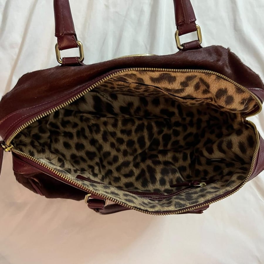 Roberto Cavalli Burgundy Shearling Leather Tote Bag