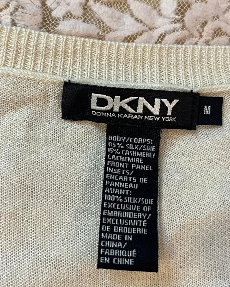 DKNY Cream Silk-Blend Cardigan with Sheer Embroidered Front Panel - Size M