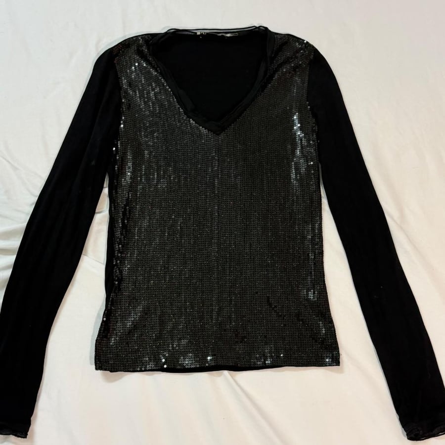 BGN Studio Black Sequin Long Sleeve V-Neck Top - Size M