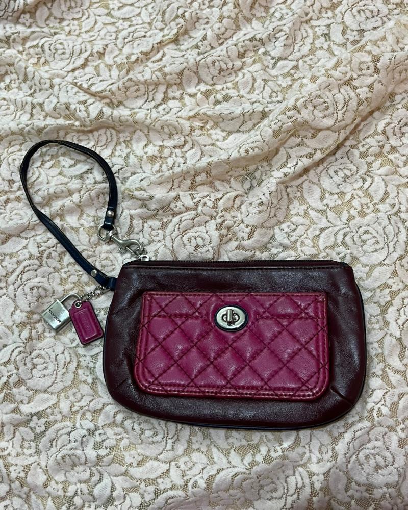 Coach Burgundy Leather Quilted Pocket Wristlet Wallet