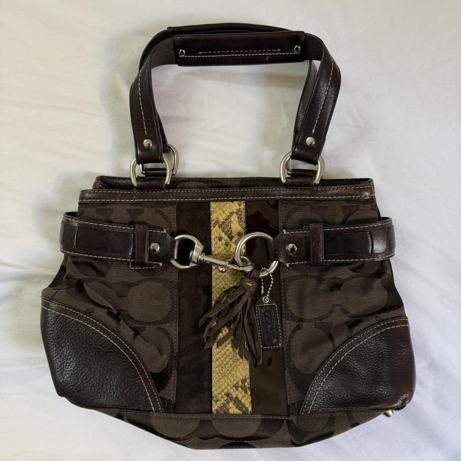 Coach Dark Brown Signature Canvas & Python Trim Shoulder Bag